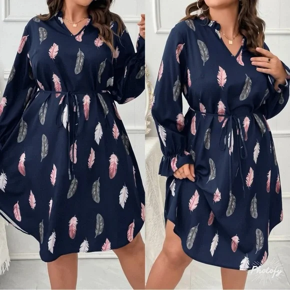 Boho Plus Size Feather Print Flounce Long  Sleeve Dress - Picture 2 of 8